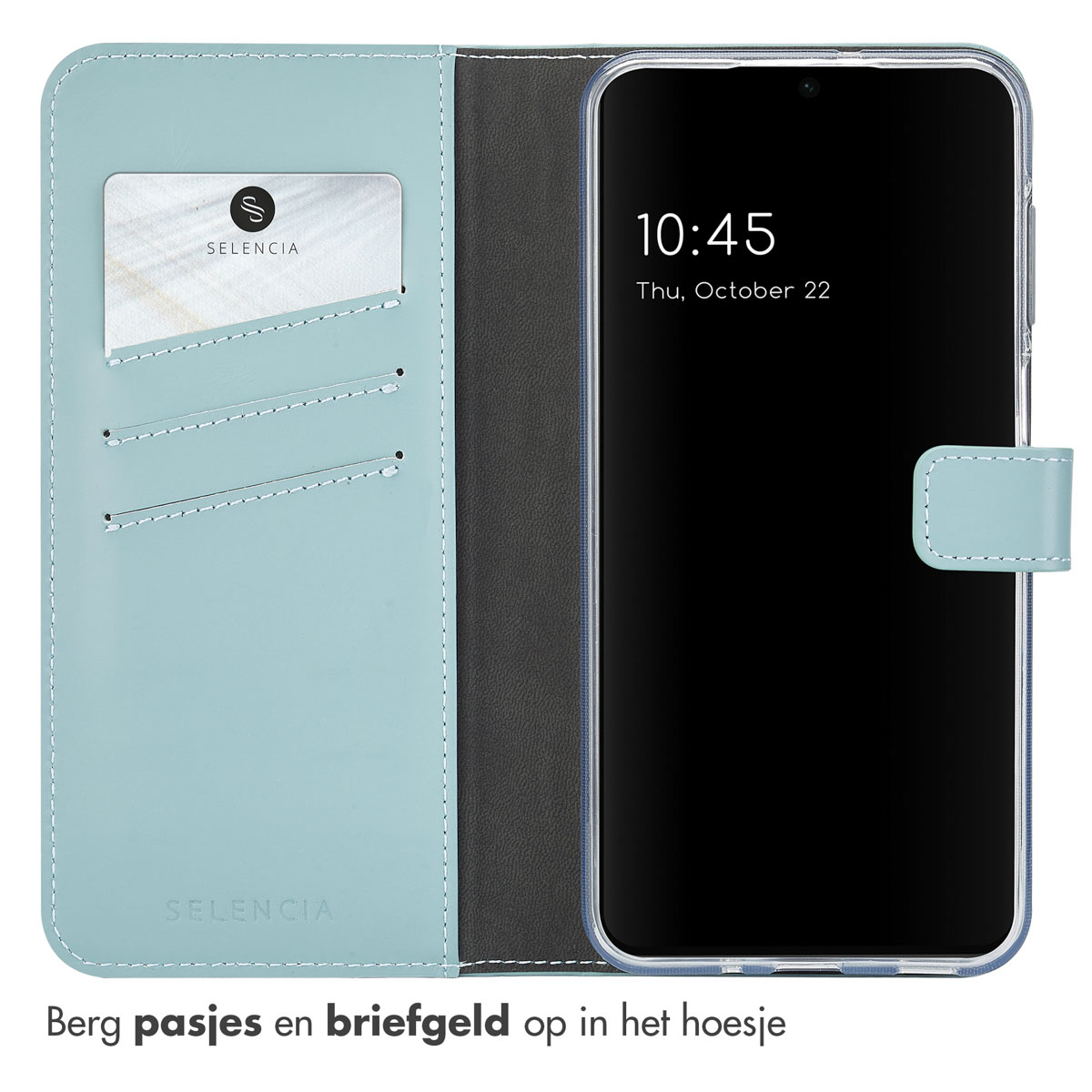 Open telefoonhoesje met telefoon en kaartsleuven. Lichtblauwe hoes. Scherm toont datum.