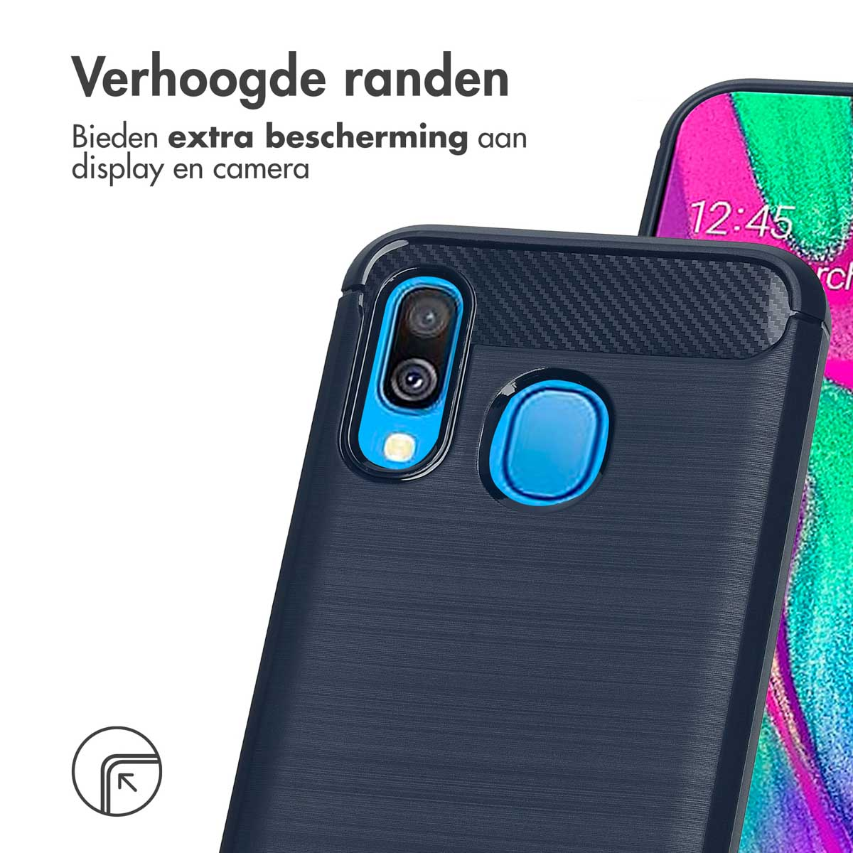 Una custodia per telefono con bordi rialzati, primo piano di un telefono con una fotocamera e un pulsante blu.