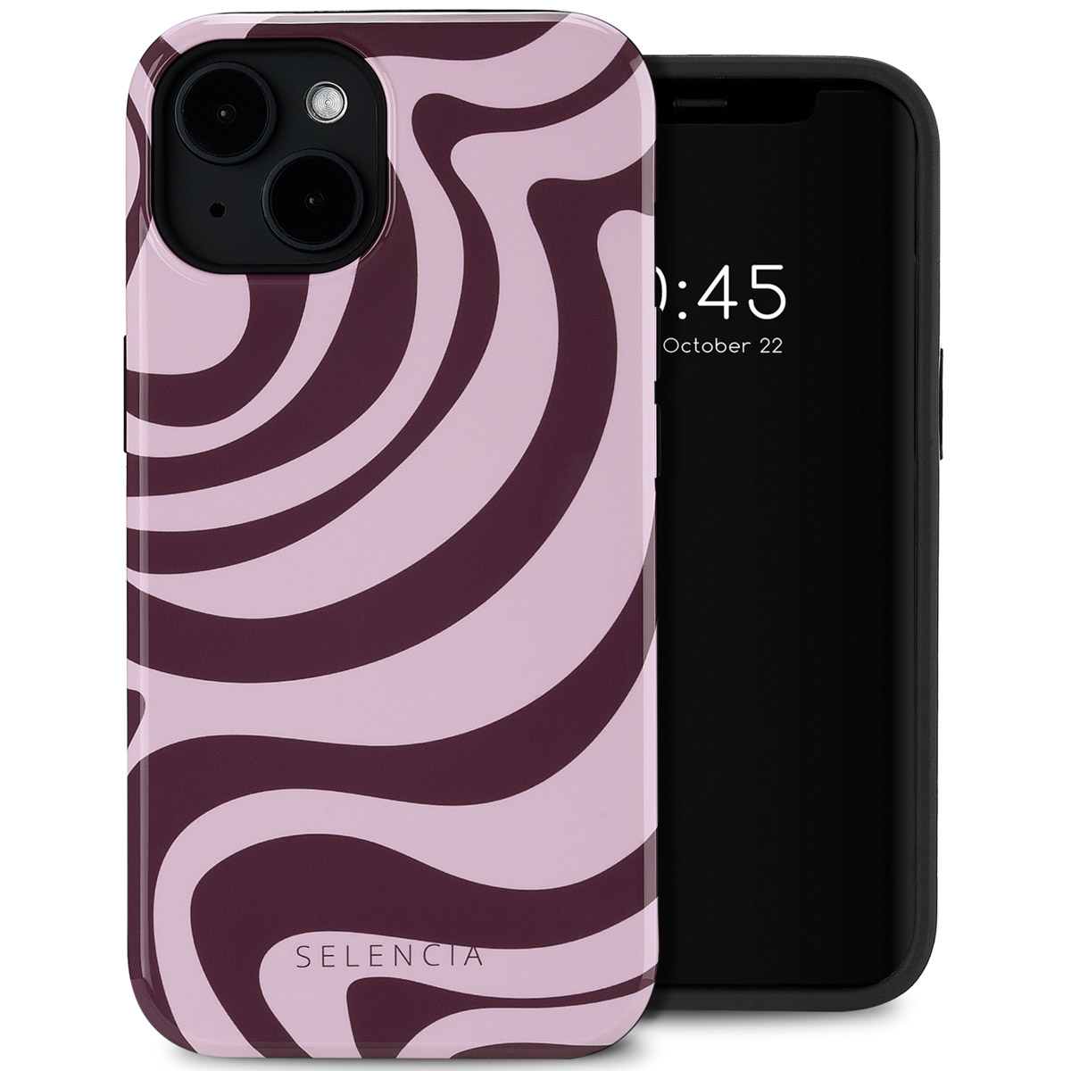 Telefoon in een roze en paarse wervelcase. De tijd is 0:45, 22 oktober.