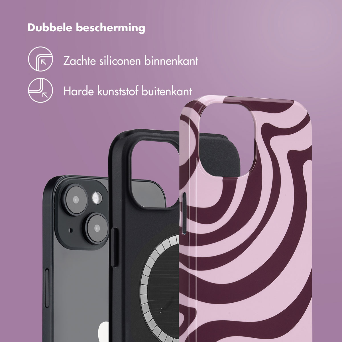 Telefoon en hoesje. De hoes heeft een roze en donkerrood golvend design.