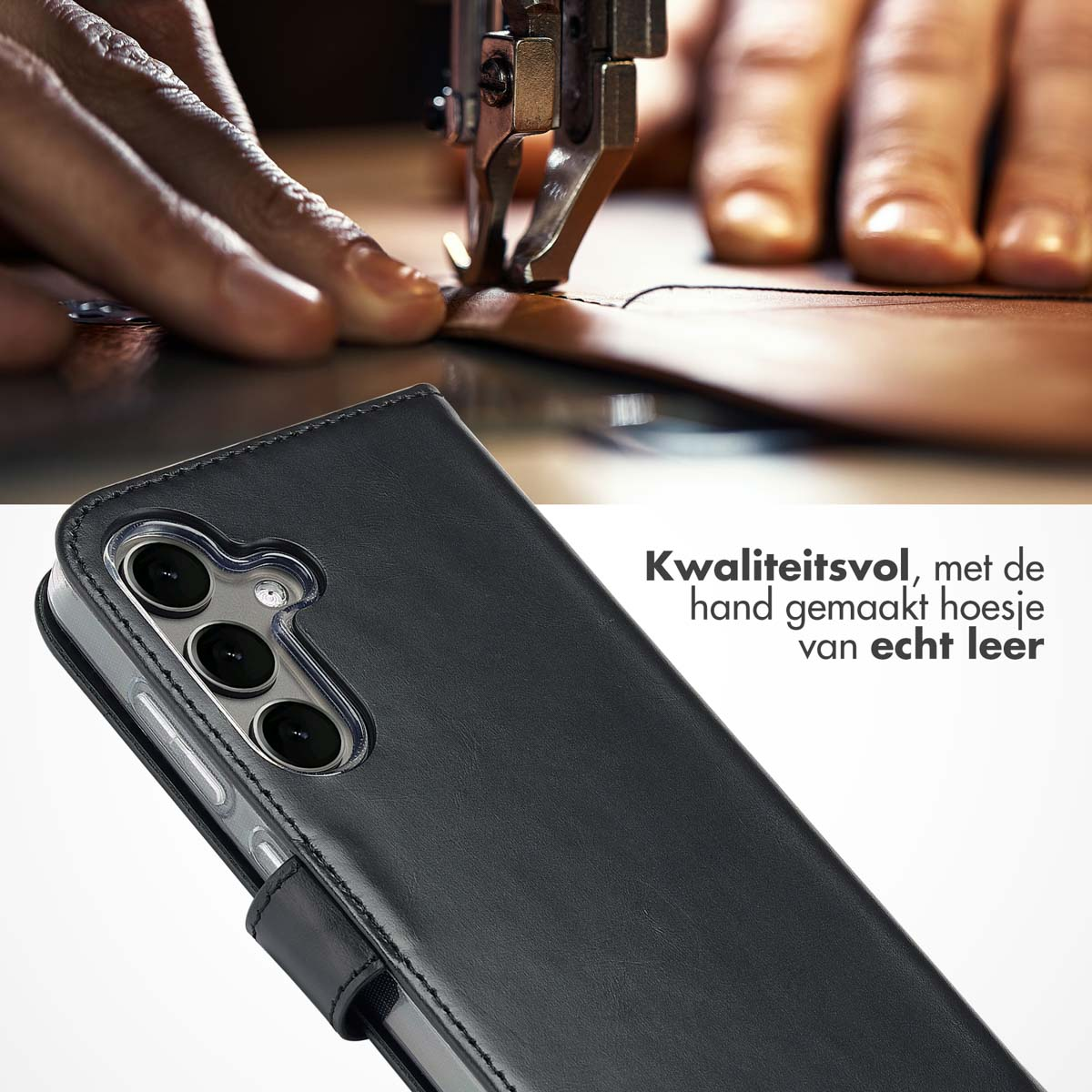 Een zwarte leren telefoonhoes met een telefoon erin, op een wit oppervlak.