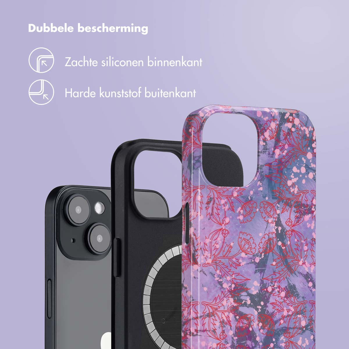 Telefoon en hoesje. De hoes heeft een bloemenpatroon in roze en rood.