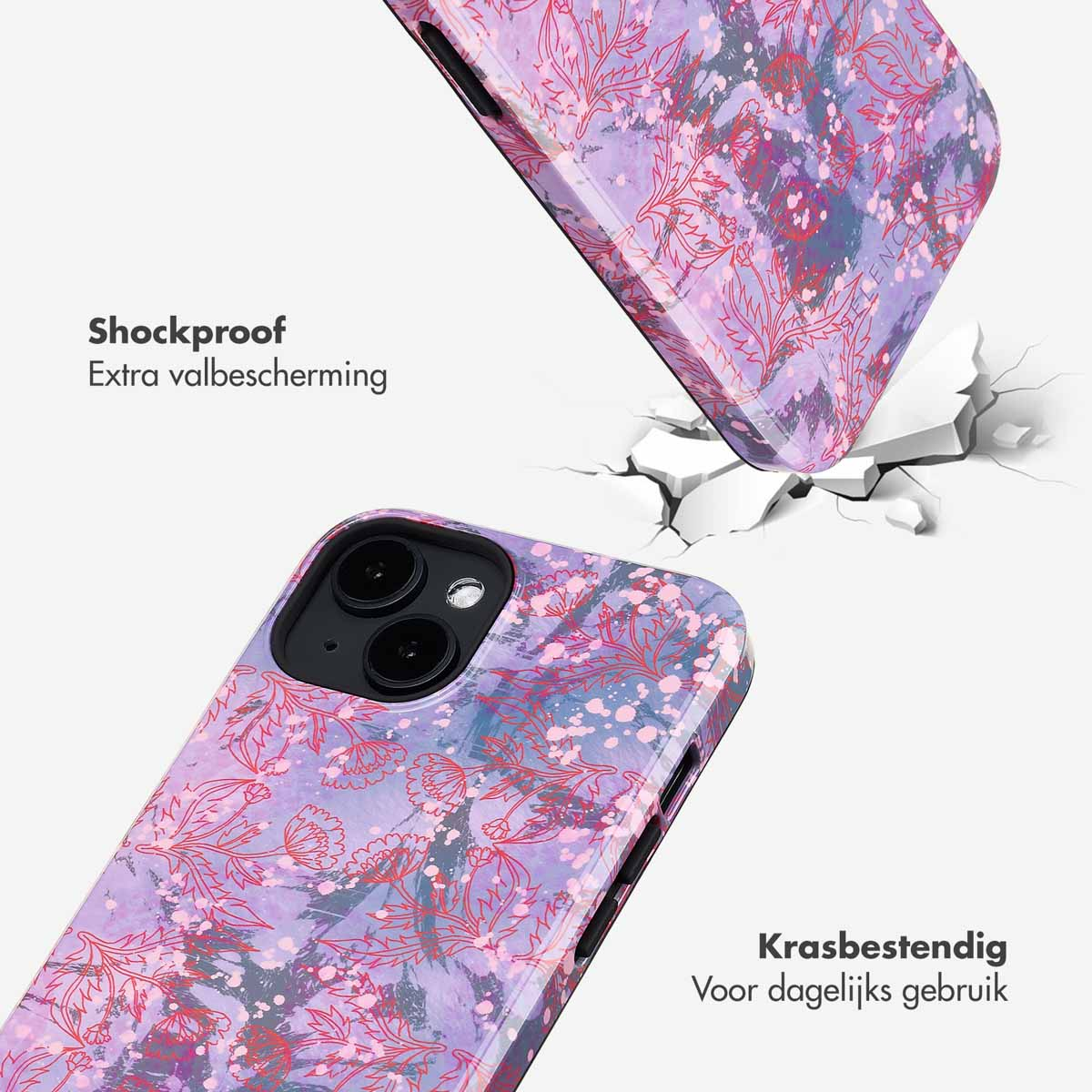Telefoonhoes valt. De hoes is roze met rood bloemenpatroon, witte scheuren zichtbaar.