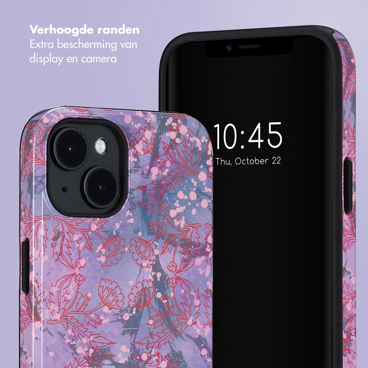 Telefoon en hoesje. De hoes heeft een bloemenpatroon in roze en rood.
