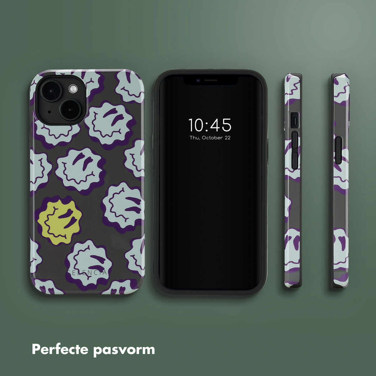 Telefono e custodia. La custodia presenta un motivo di forme bianche e gialle su sfondo grigio.
