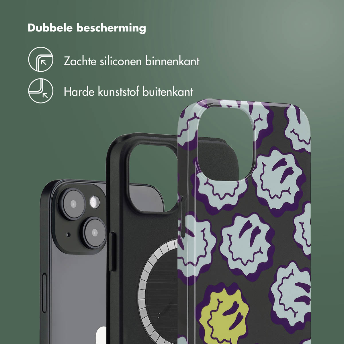 Tre custodie per telefono con diversi design. Testo: Doppia protezione: silicone morbido all'interno, plastica rigida all'esterno.