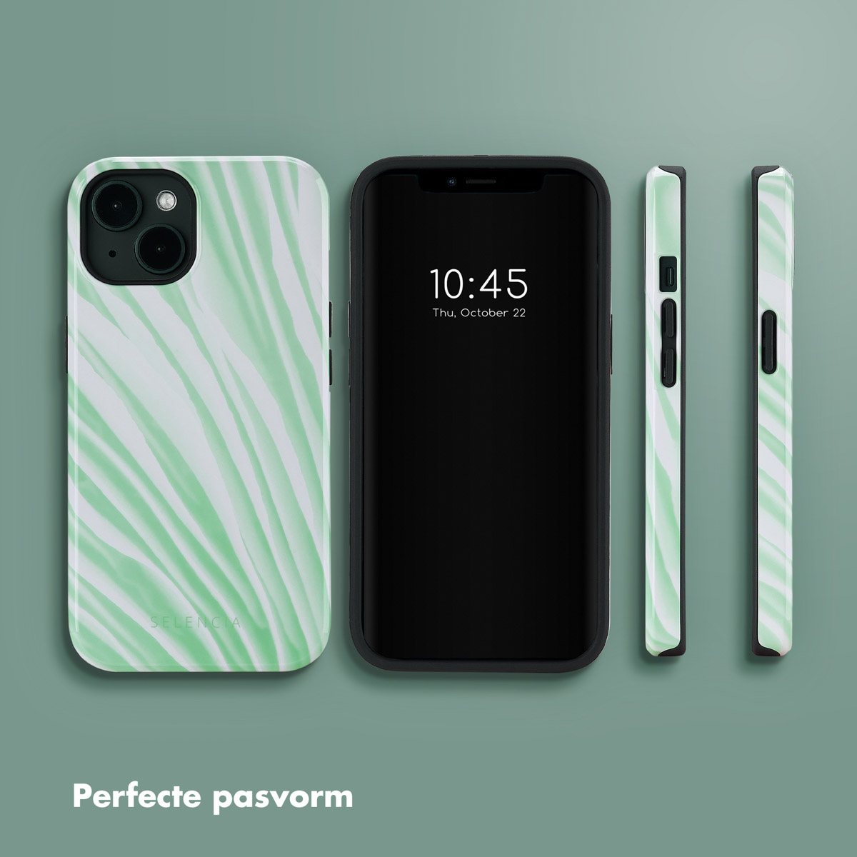 Telefoon en hoesje. De hoes heeft een groen en wit gestreept design.