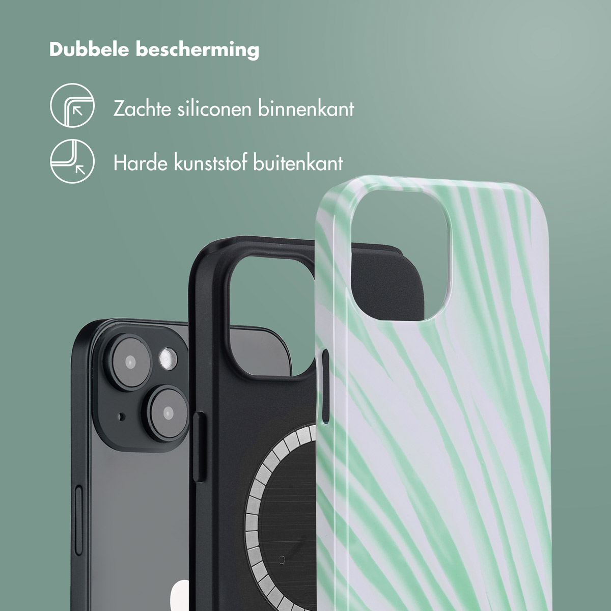 Telefoon en hoesje. De hoes heeft een groen en wit gestreept design.
