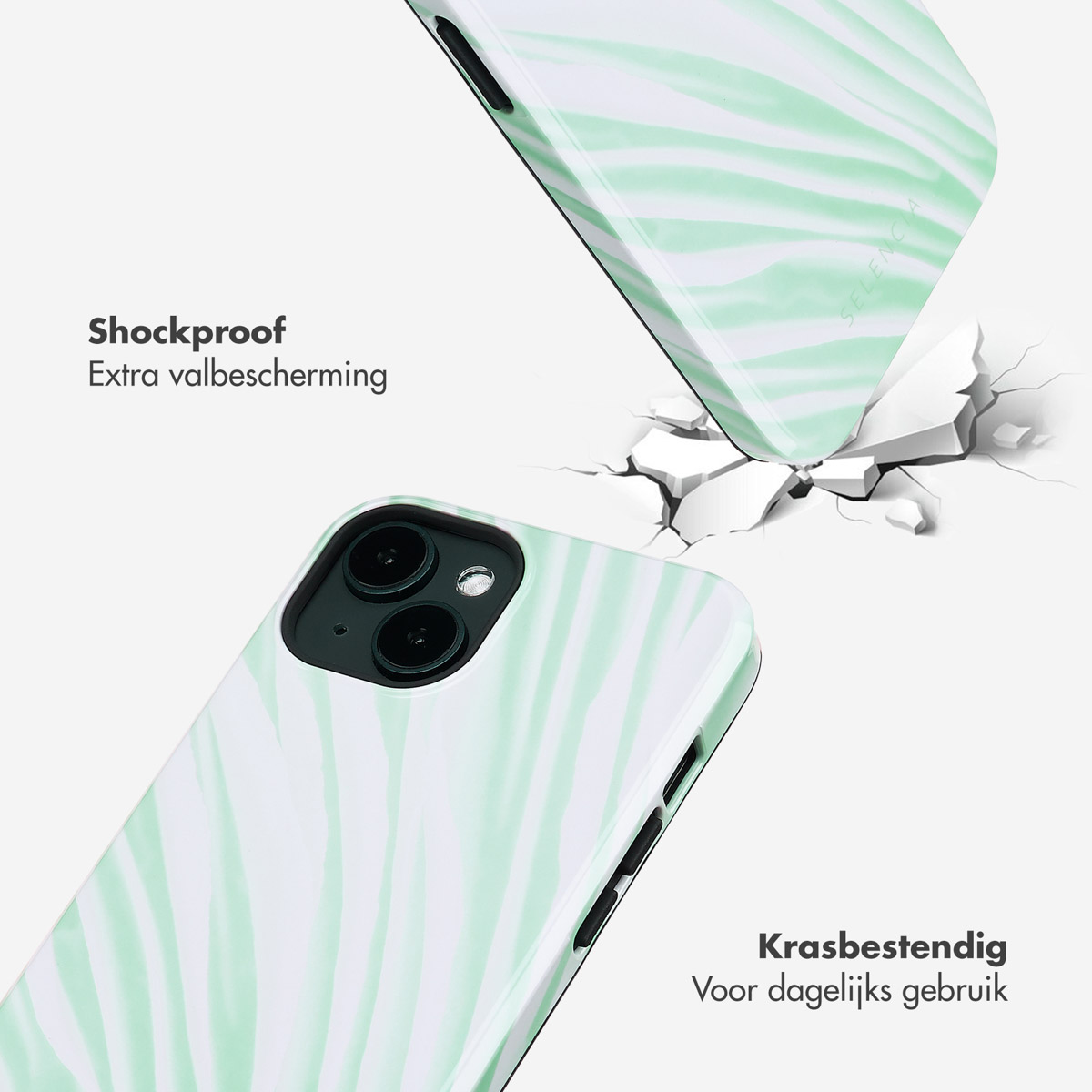 Een telefoonhoesje met een groen-witte zebraprint, met een gebarsten oppervlak en tekst.