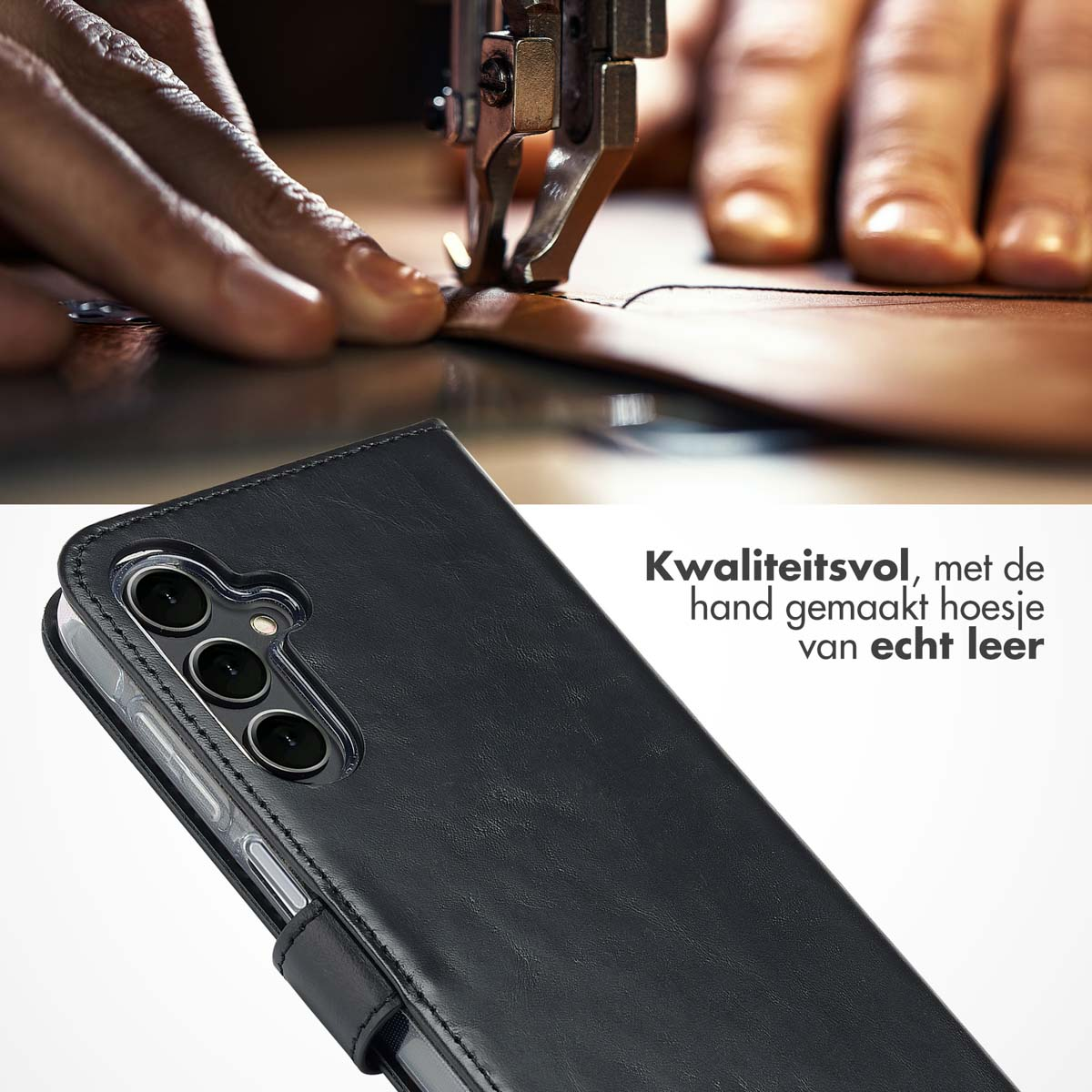 Mains cousant du cuir avec une machine à coudre. Un étui de téléphone au premier plan.