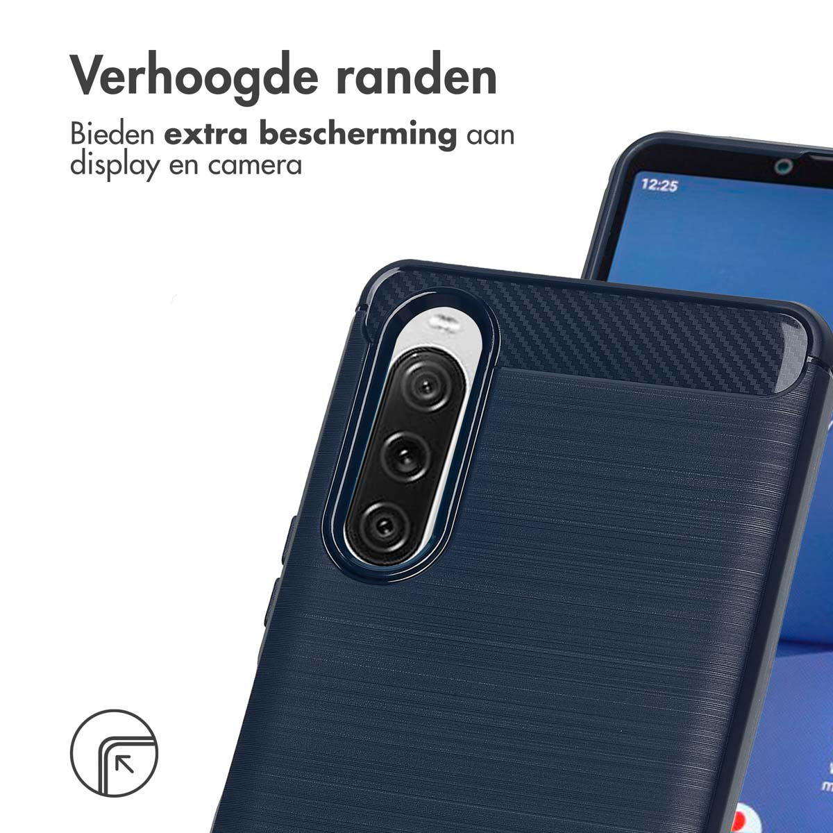 Donkerblauwe telefoonhoes met een telefoon. Voorzien van een camera-uitsparing en een getextureerde achterkant, met tekst.