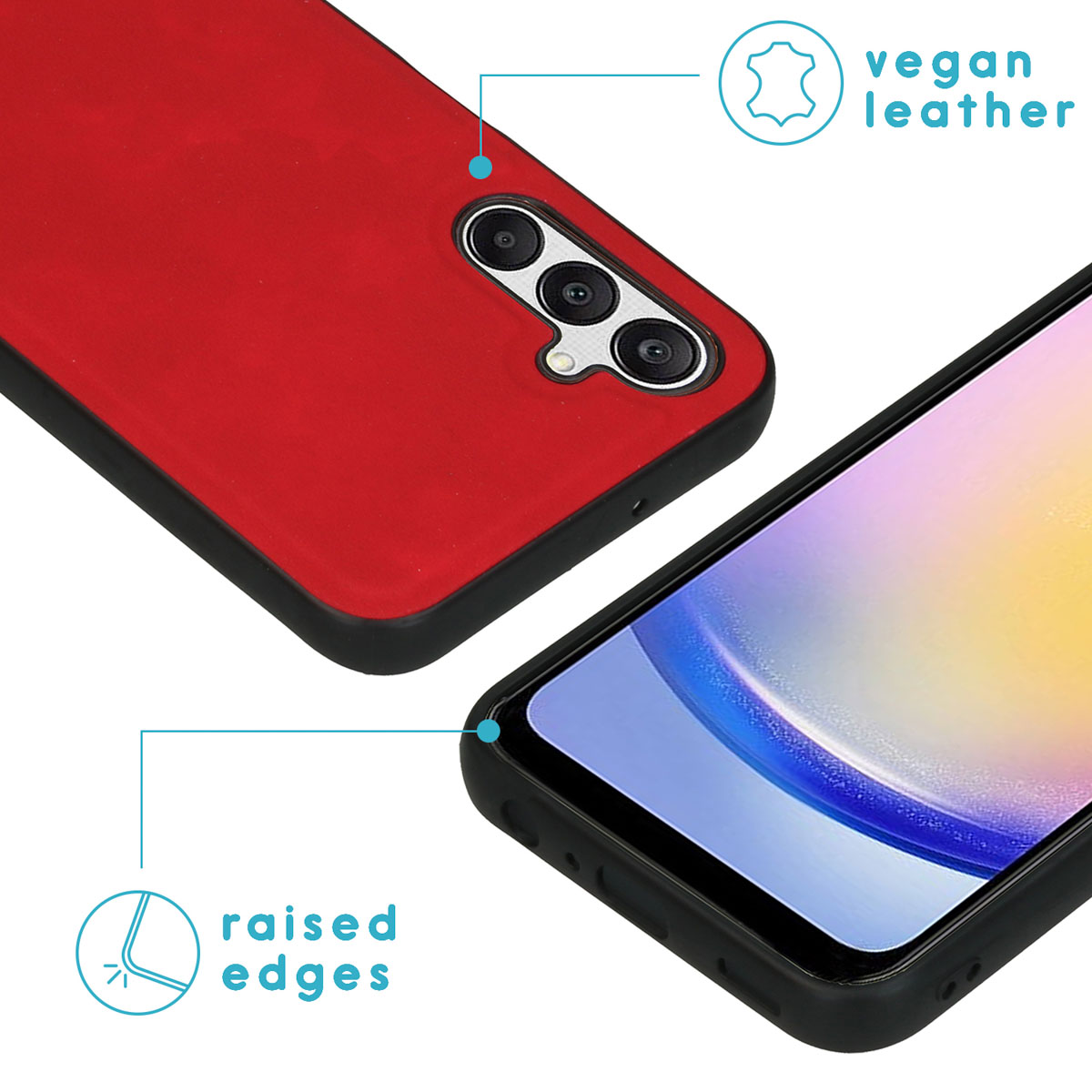 Rode telefoonhoes met een telefoon. De hoes heeft een zwart frame en opstaande randen. Label wijst naar vegan leer.
