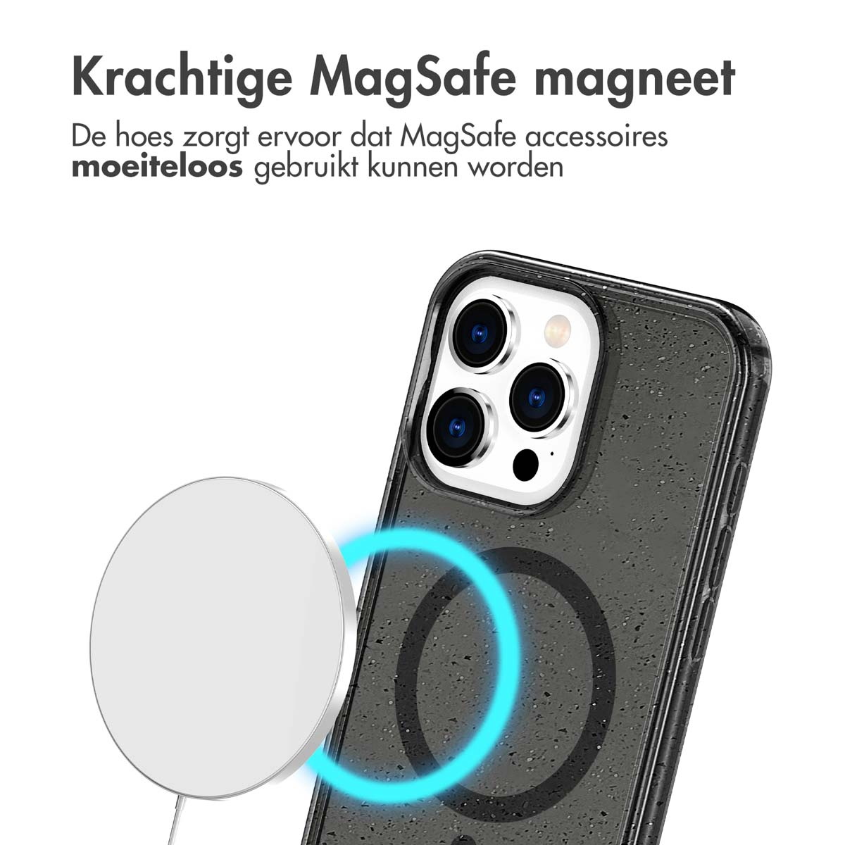 Coque de téléphone avec un chargeur MagSafe blanc attaché, une lueur bleue entoure le chargeur.