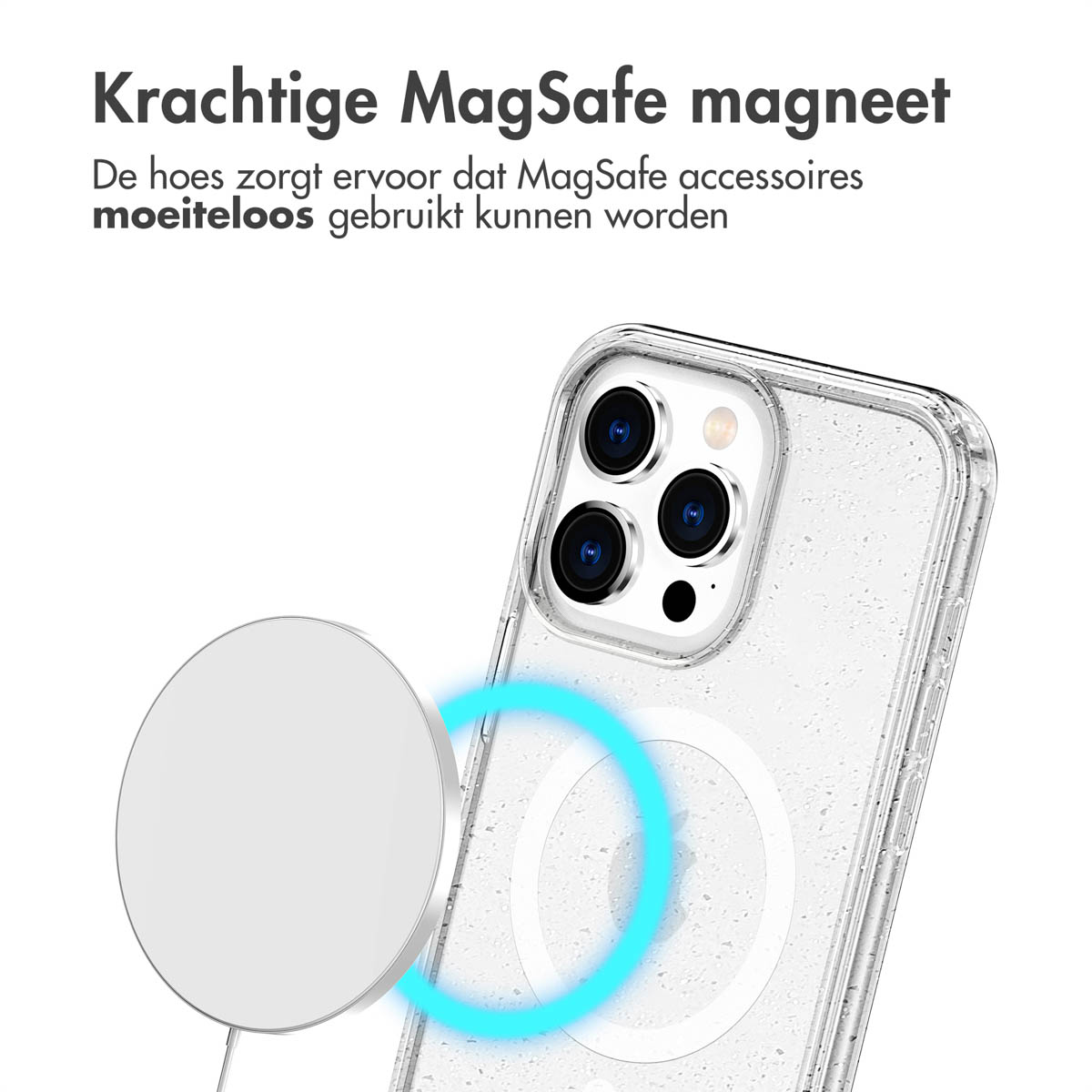 Telefoon met MagSafe-oplader bevestigd. Tekst: 'Kractige MagSafe magneet'.