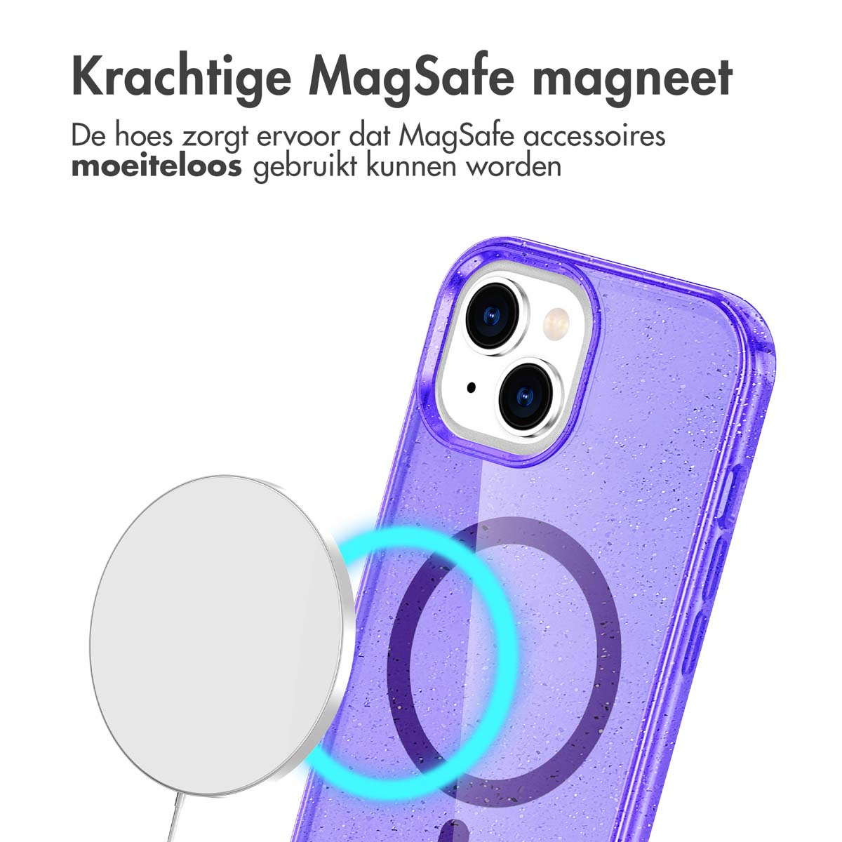 Purple phone case with a MagSafe charger. A blue ring shows the charger's magnetic area.