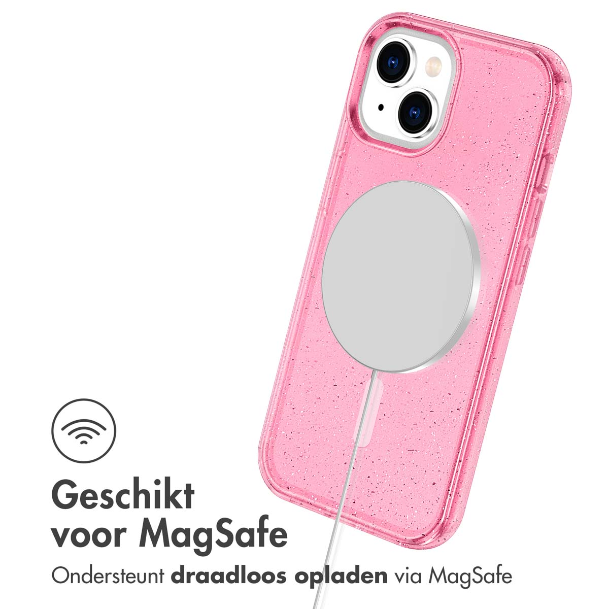 Pink glitter phone case with MagSafe charger attached. Text: Geschikt voor MagSafe (suitable).