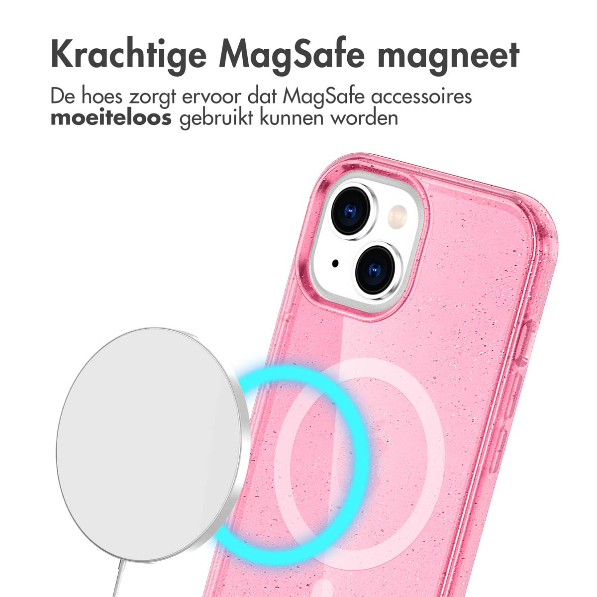 Pink phone case with a magsafe, and a white wireless charger.