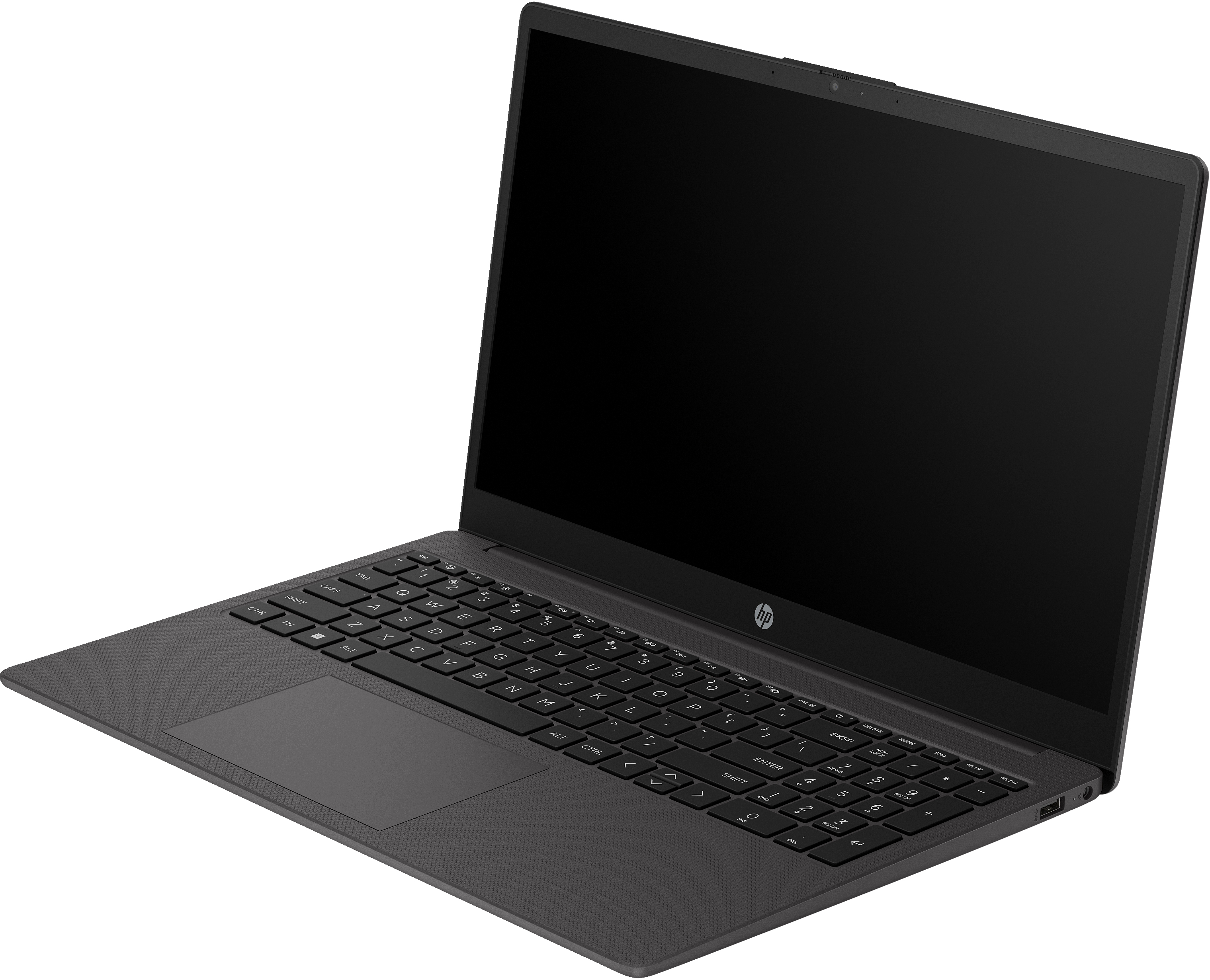 Un laptop grigio con lo schermo aperto e una tastiera. Il logo HP è visibile.