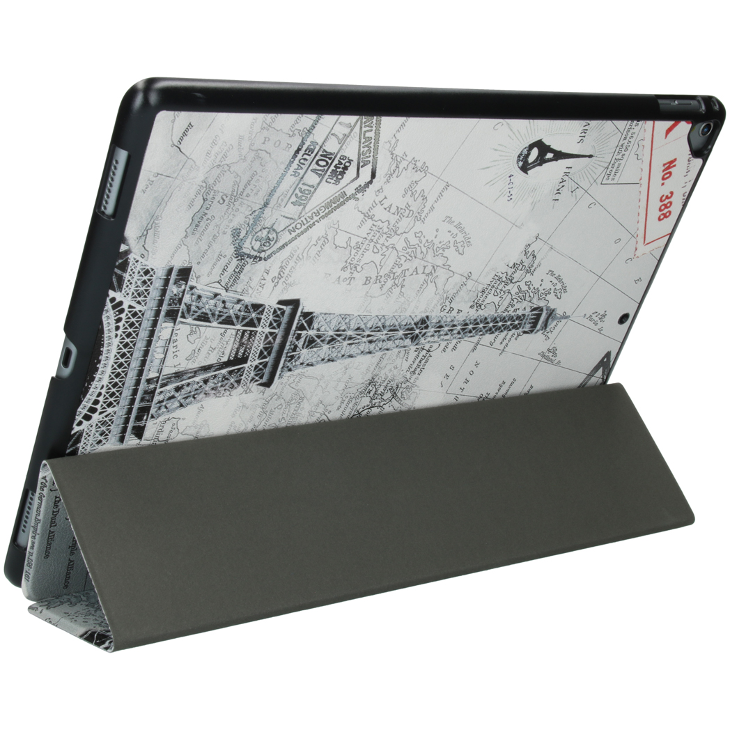 Tablet case with Eiffel Tower design. Tablet case is open, showing a map of Paris. Grey stand.