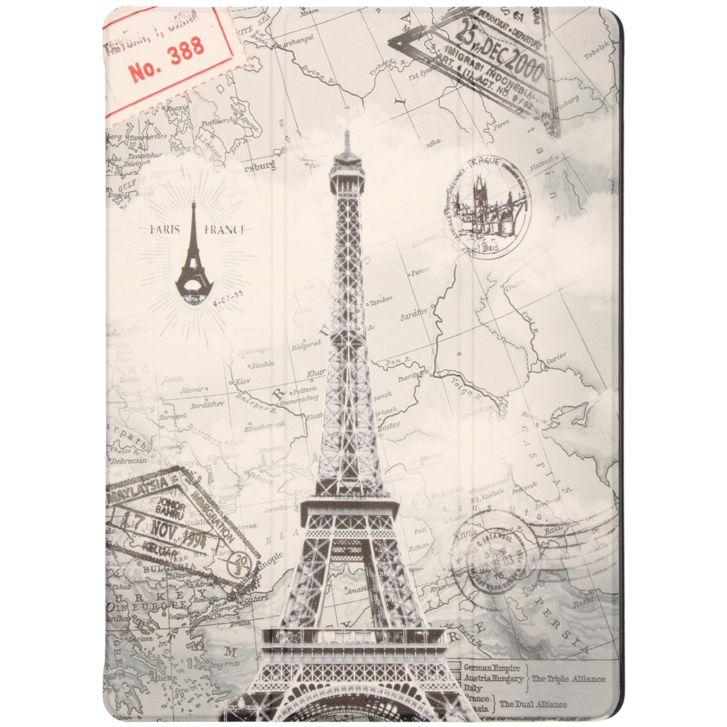 An old map with the Eiffel Tower drawn on it. There are stamps and text in various languages.