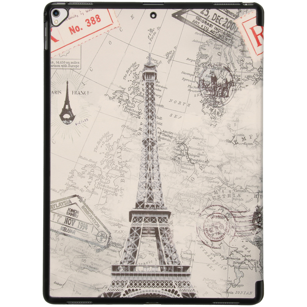 Tablet case with a map of Europe and the Eiffel Tower. The background is beige.