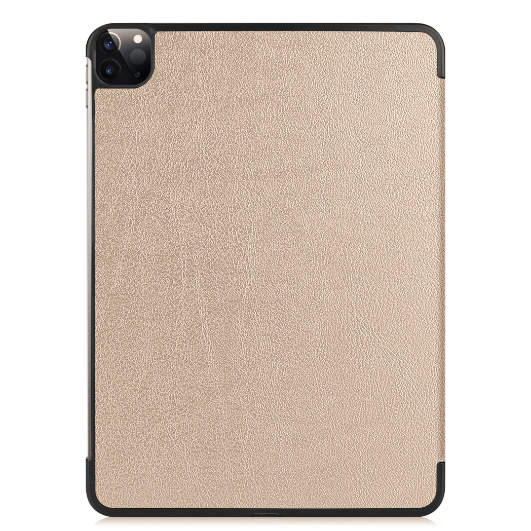 A beige leather tablet case with the tablet inside. The case has a black frame.