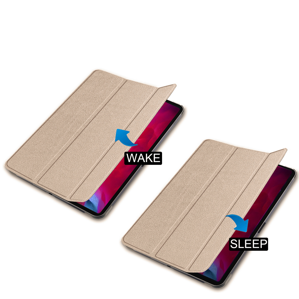 Two tablet cases open, one labeled WAKE, the other SLEEP. Beige cases on white background.