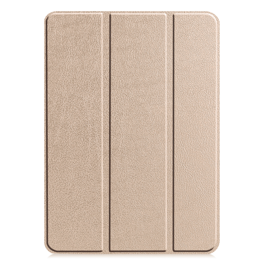 A beige tablet case is closed and upright. The surface is textured with three vertical lines.