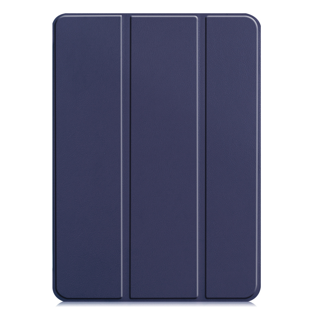 A navy blue tablet case, closed and standing upright.