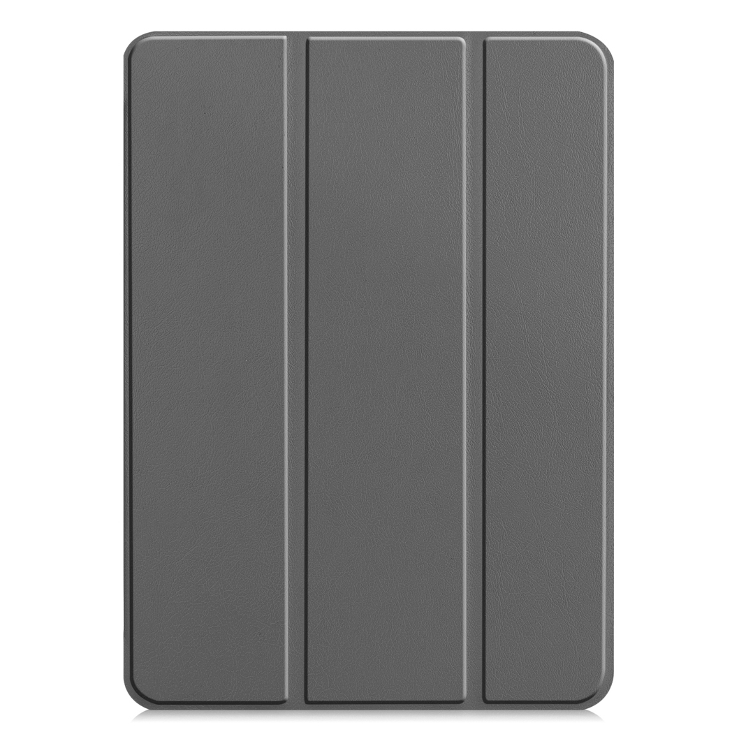 A grey tablet case, closed, with three vertical lines. It is set against a white background.