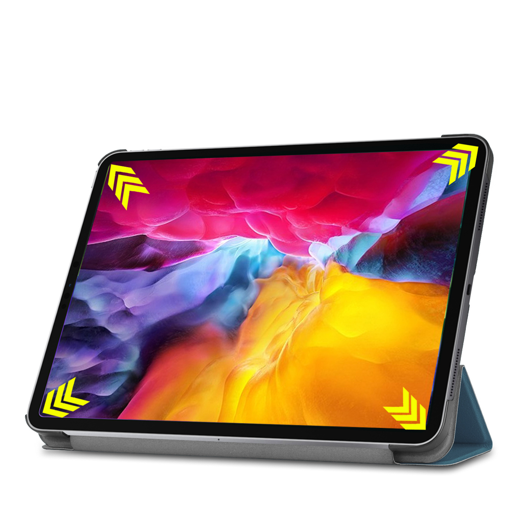 Un tablet in una custodia blu, con uno schermo che mostra immagini colorate e frecce protettive agli angoli.