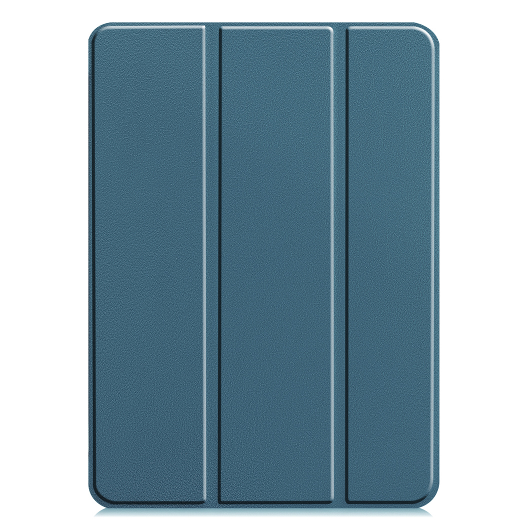 Una custodia per tablet blu con una superficie strutturata, chiusa con tre linee verticali e un'ombra.