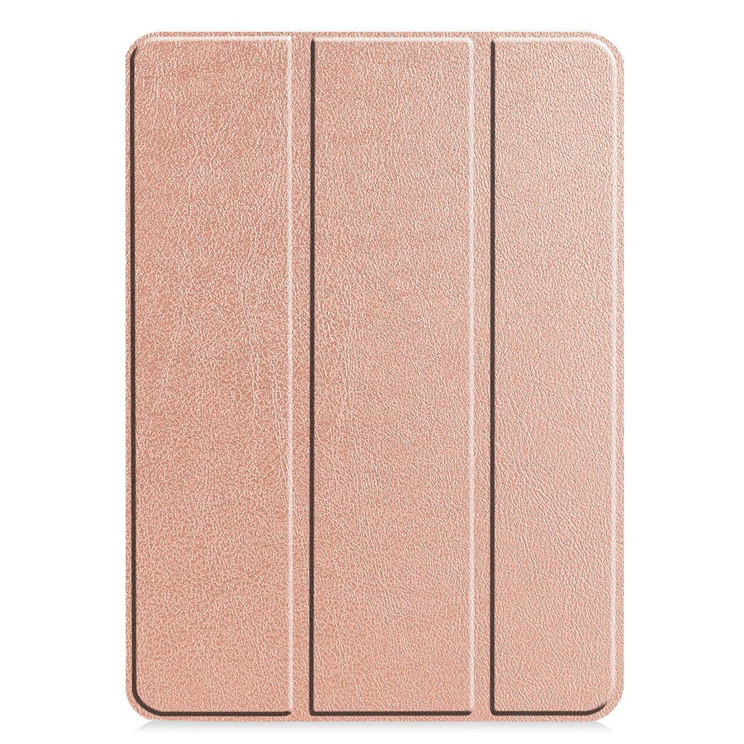 Rose gold tablet case with three folding panels, closed, on a white background.
