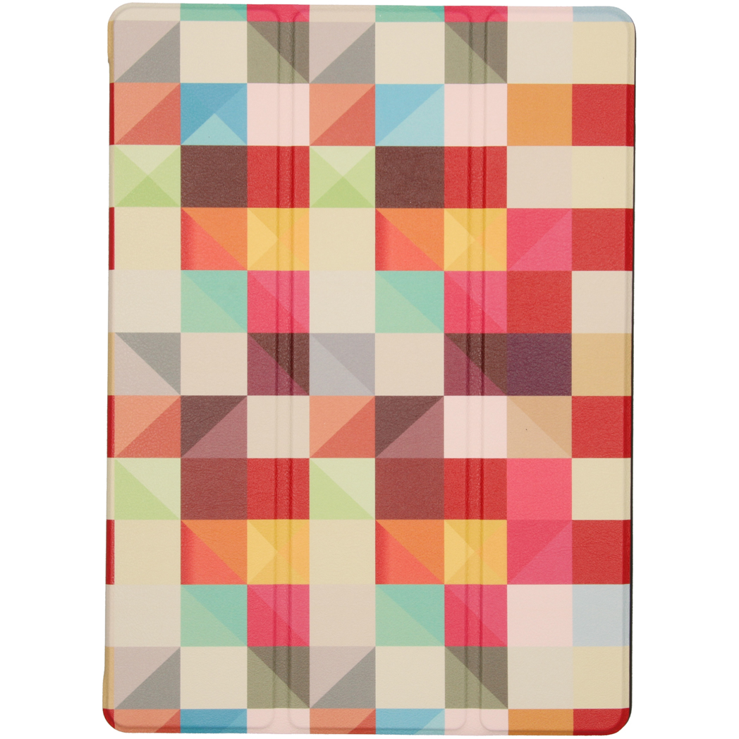 Tablet case with a colorful geometric pattern. The background is white.