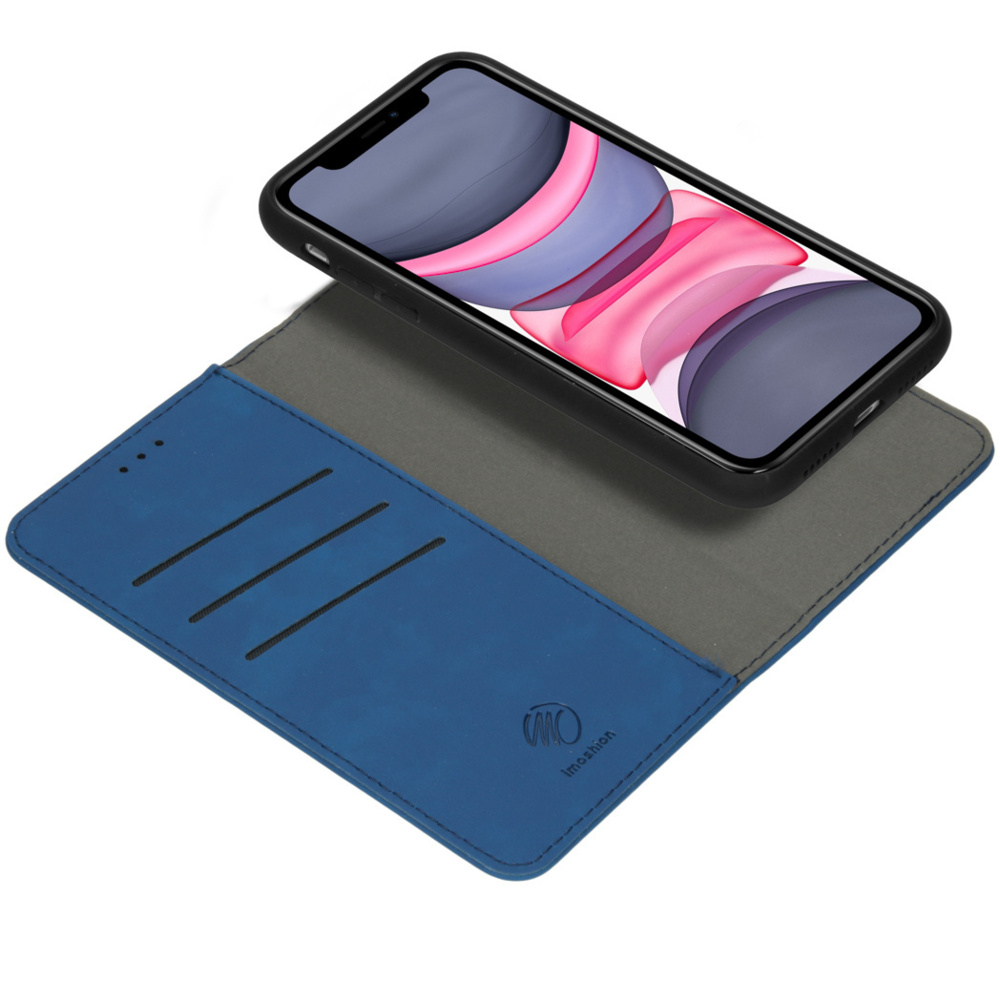 Blauwe telefoonhoes met telefoon erin.