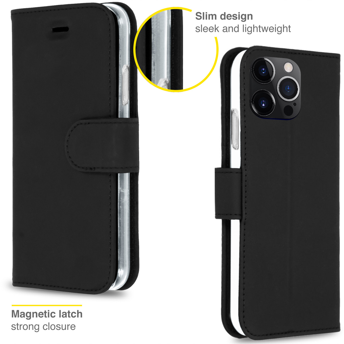 Étui noir pour téléphone avec fermeture magnétique, fermé à gauche, ouvert à droite, avec détails sur le design.