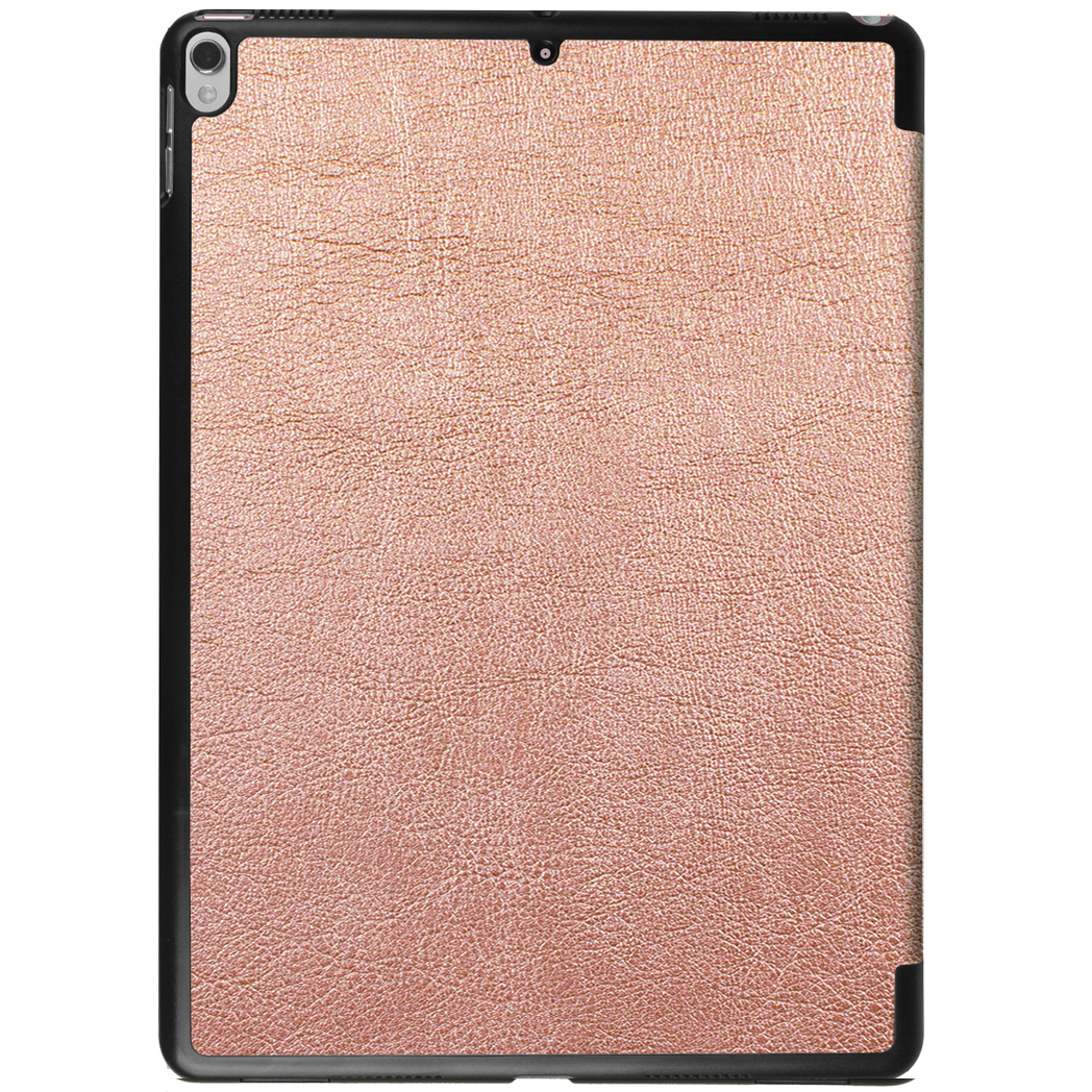A rose gold colored tablet case is shown. The case is rectangular with a black border. The surface has texture.