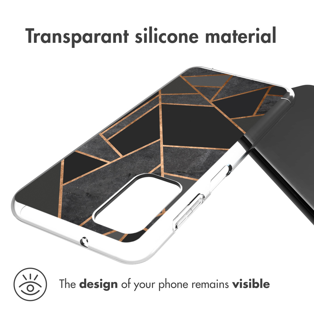 Een telefoon in een transparante hoes met een zwart en goud geometrisch patroon. Tekst: 'Het ontwerp blijft zichtbaar'.