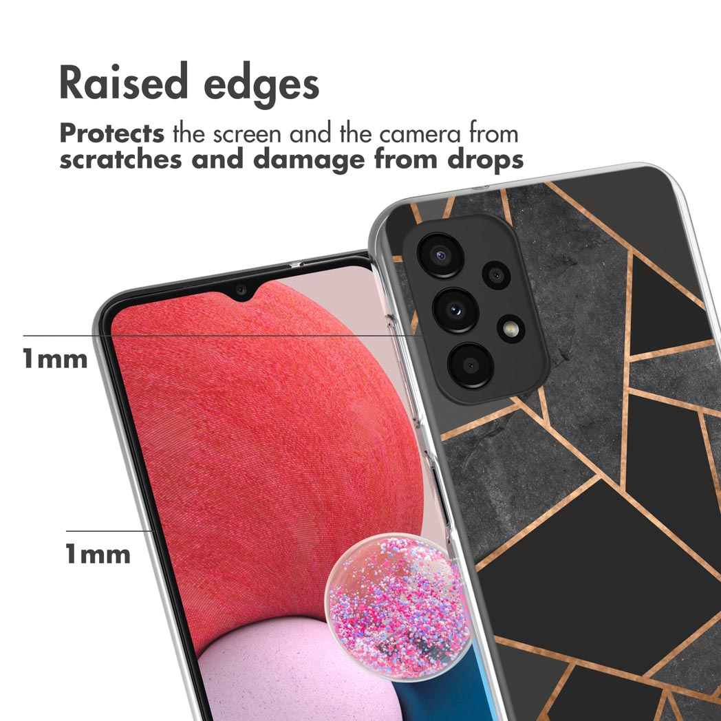Telefoonhoes met verhoogde randen, zwart en goud geometrisch design. Roze glitter.