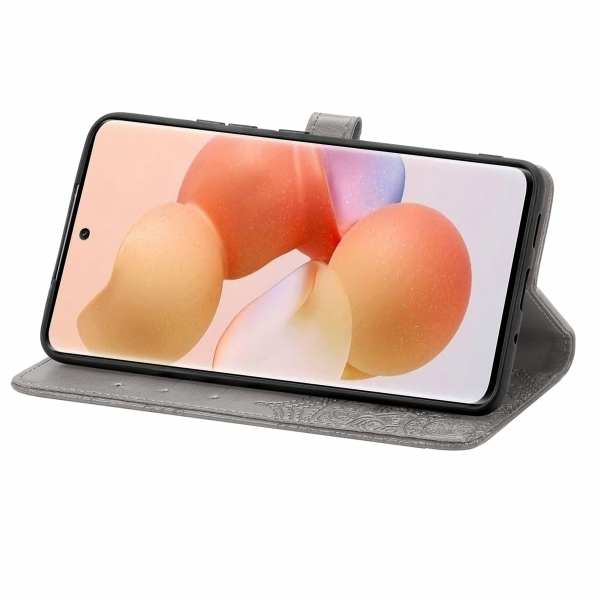 Grijze telefoonhoes open, met een telefoon met een scherm met een abstracte afbeelding.