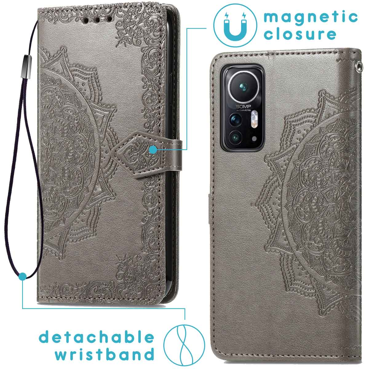 Een grijze telefoonhoes met een mandala-ontwerp en een afneembare polsband. Magnetische sluiting.