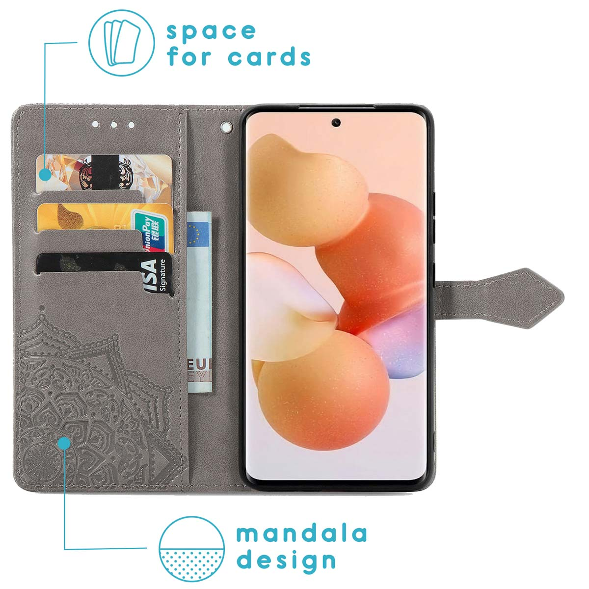 Grijze telefoonportemonnee open, met kaarten, geld en telefoon met bloemendesign.