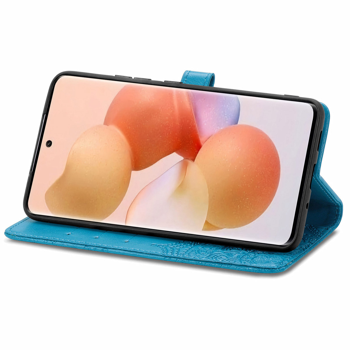 Een telefoon in een turquoise hoesje open, met een lichtoranje achtergrond op het scherm.