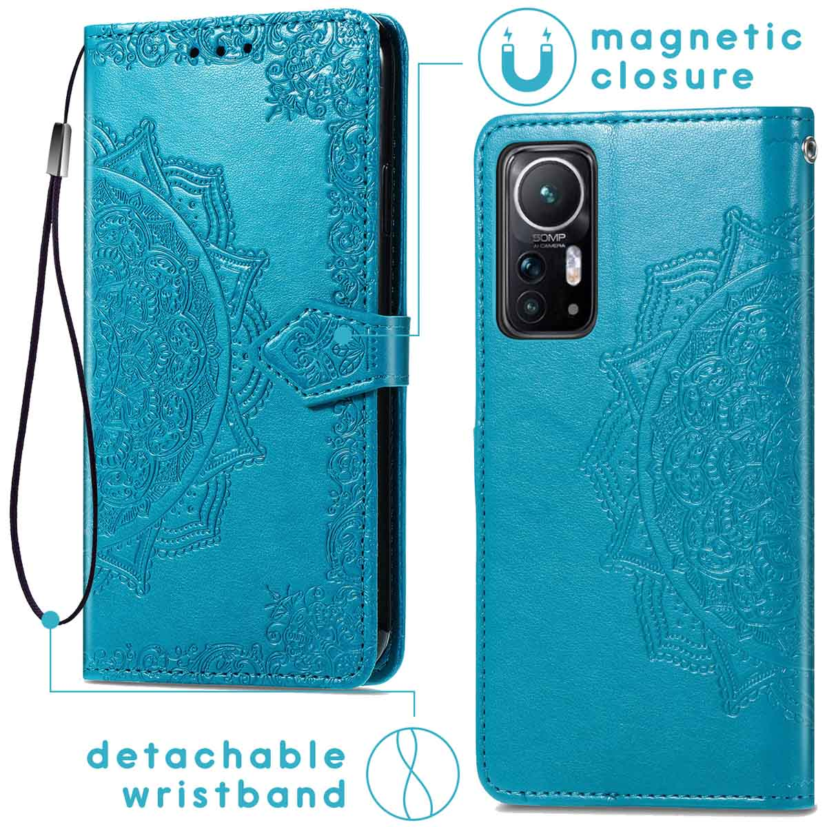 Teal telefoonhoesje met bloemenontwerp, afneembare polsband en magnetische sluiting. Tekstlabels.