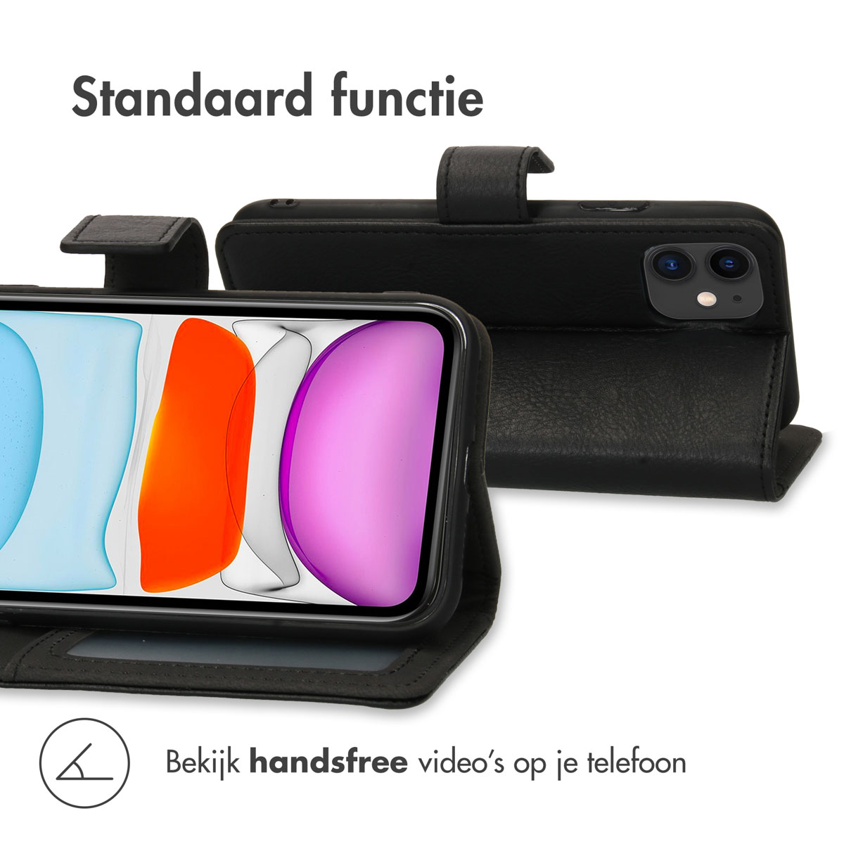 Zwarte leren telefoonhoes, handsfree video bekijken. De telefoon zit erin. Hij kan overeind staan om te bekijken.