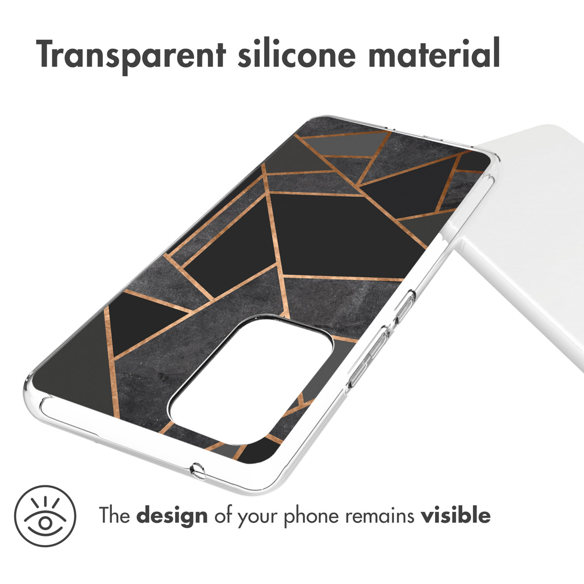 Una custodia per telefono con un design a marmo nero e oro. Il design del telefono rimane visibile.