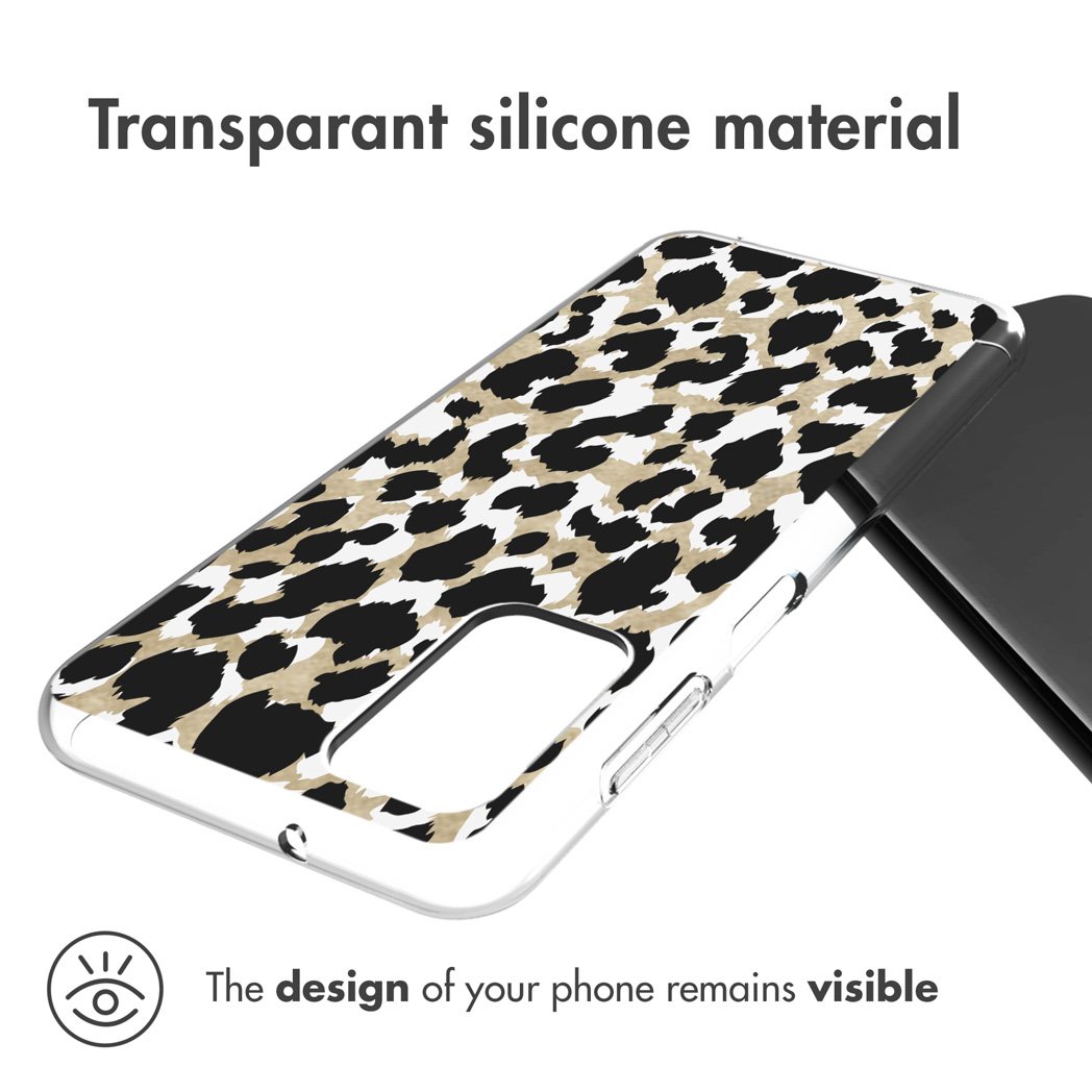 Un telefono in una custodia trasparente con un motivo leopardato nero e beige. Testo: 'Il design rimane visibile'.