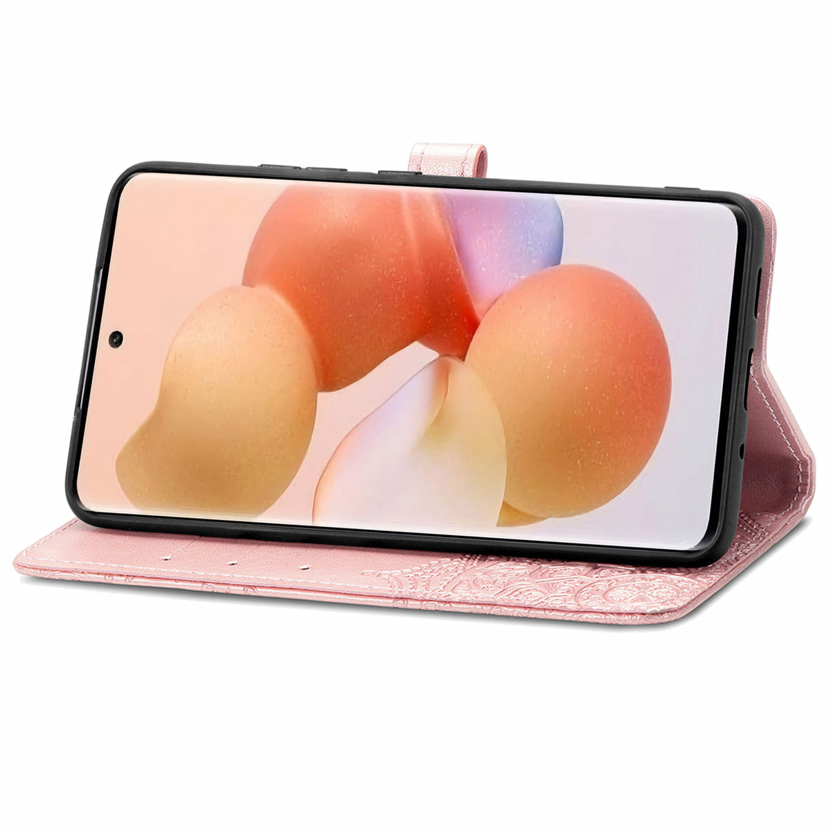 Coque de téléphone rose avec motif floral, téléphone ouvert. Style portefeuille, sur fond blanc.