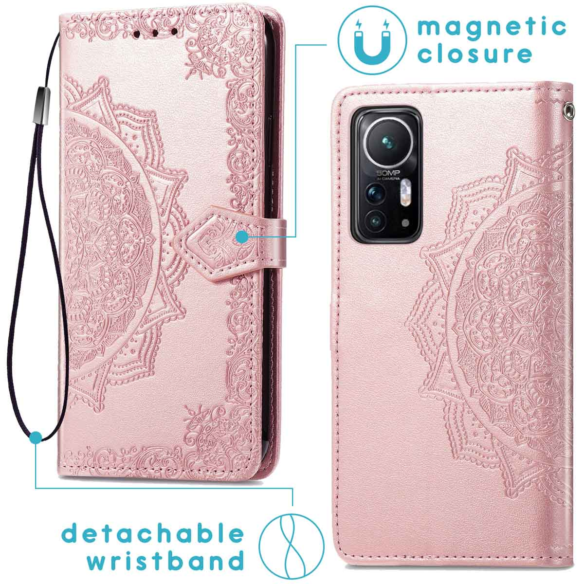 Un étui portefeuille rose pour téléphone avec un motif mandala et une dragonne amovible. Fermeture magnétique.