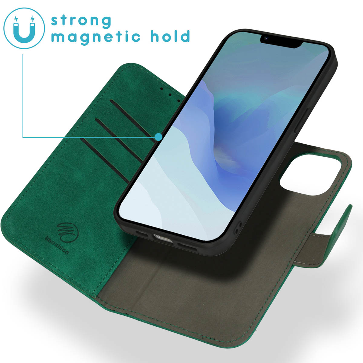 Grüne Handyhülle geöffnet mit Telefon. Magnetische Halterung wird gezeigt.